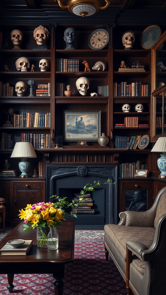 A gothic living room with antique furniture, a collection of skulls on shelves, and a vase of flowers on a coffee table.