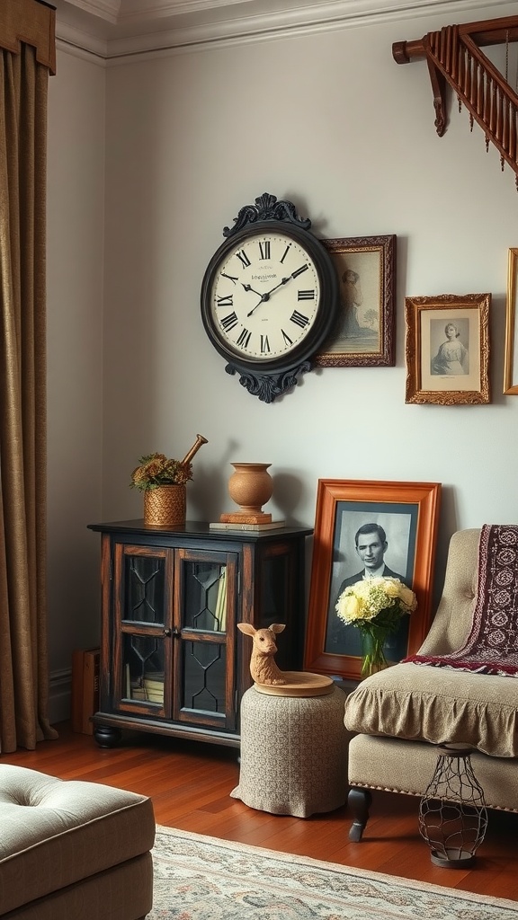 Cozy cottage core living room with antique clock, vintage portraits, and decorative elements.
