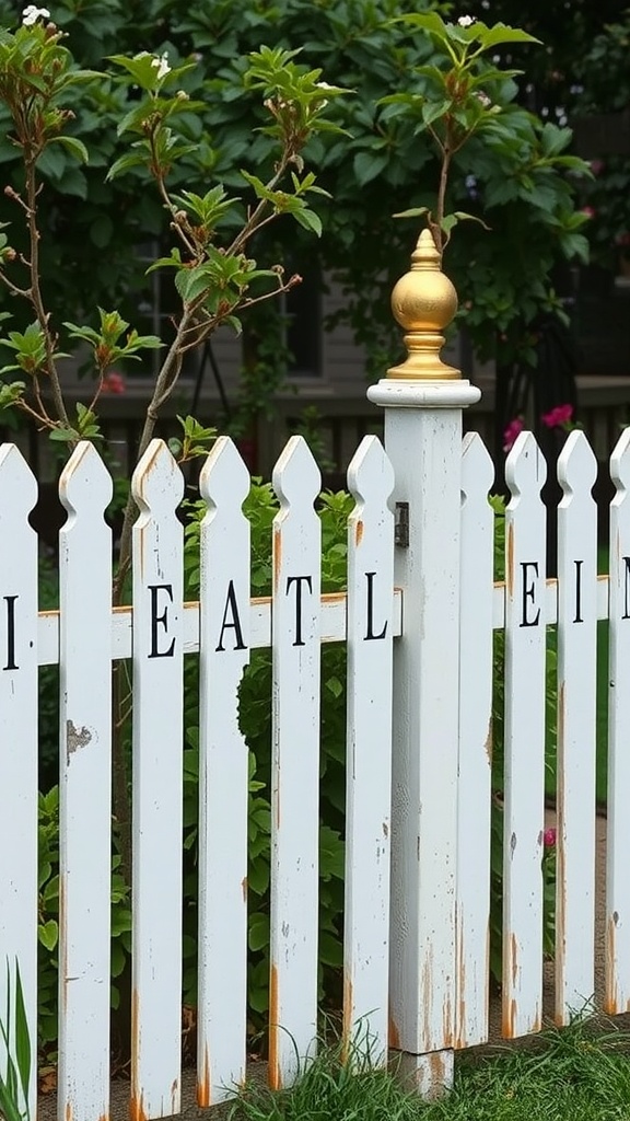 Antique white picket fence with a golden finial and greenery