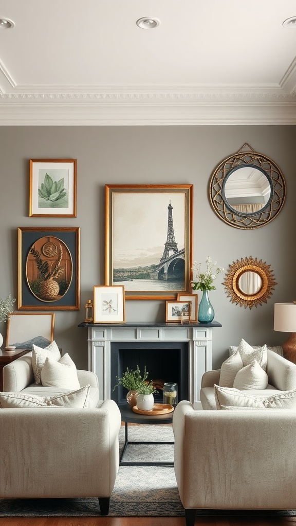 A cozy living room featuring a variety of framed art, including a painting of the Eiffel Tower and a mirror, all arranged tastefully on a gray wall.
