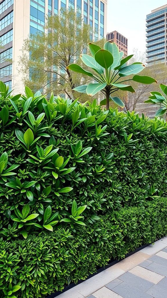 A lush artificial hedge panel providing privacy in an urban garden setting.