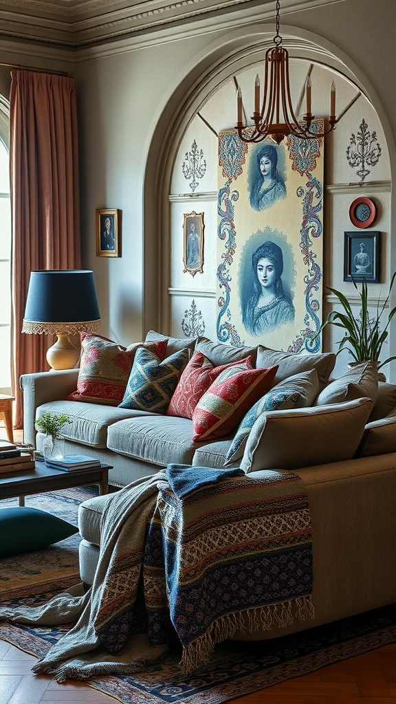 A luxurious living room featuring artisan textiles, with a stylish sofa adorned with patterned cushions and a decorative throw.