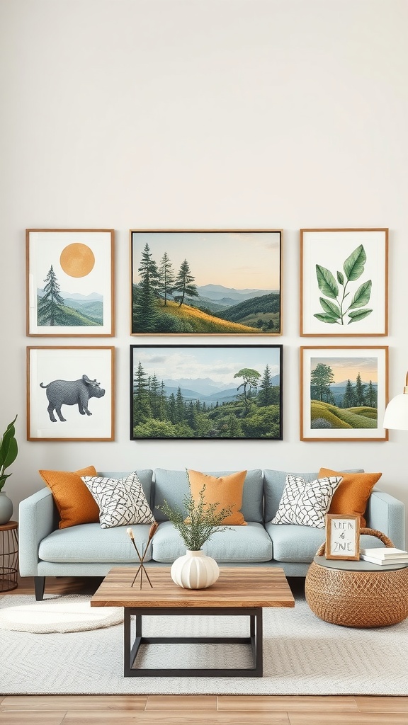 A cozy living room with artisanal wall art including nature landscapes and a bear print.