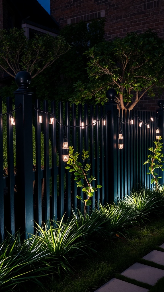 Artistic black garden fence with LED lighting illuminating plants and grass.