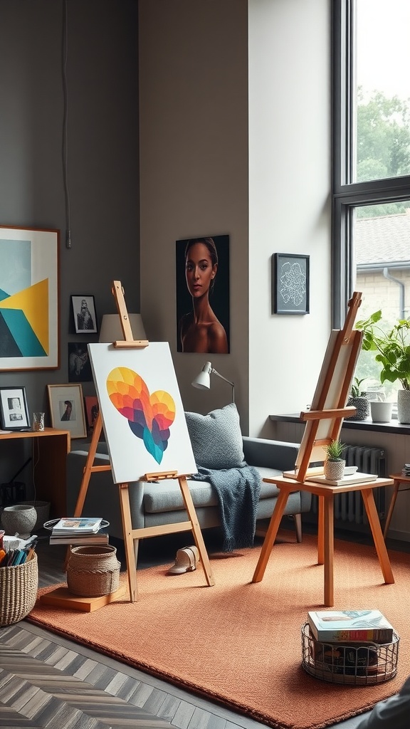 A cozy living room with easels, colorful artwork, a comfortable couch, and artistic decor.