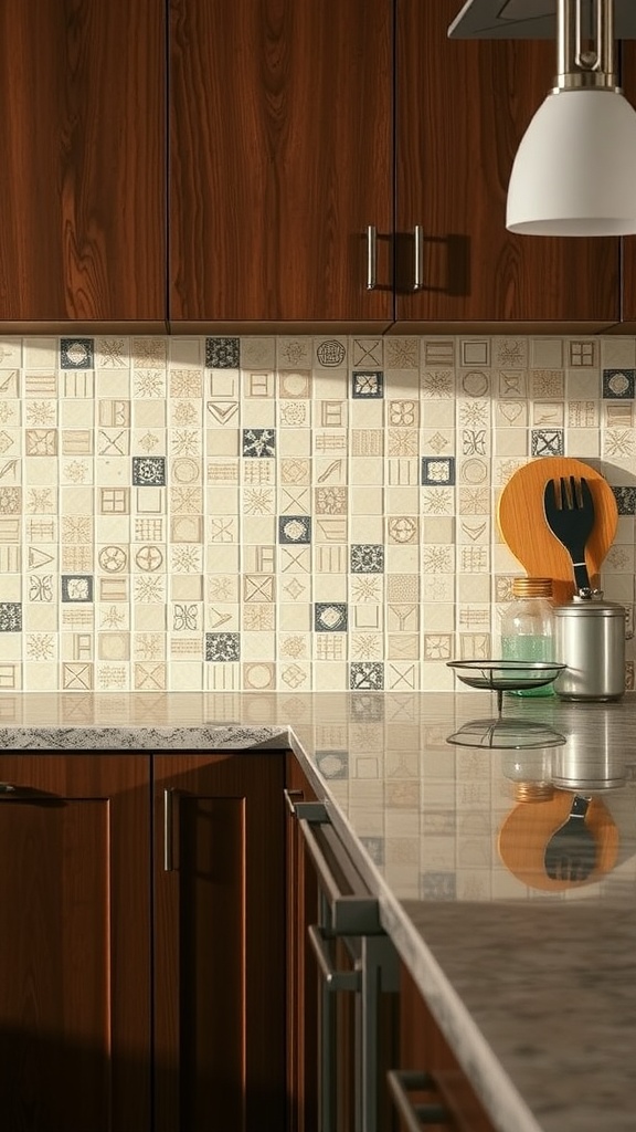 Artistic tile patterns featured on a kitchen backsplash with rich wood cabinetry.