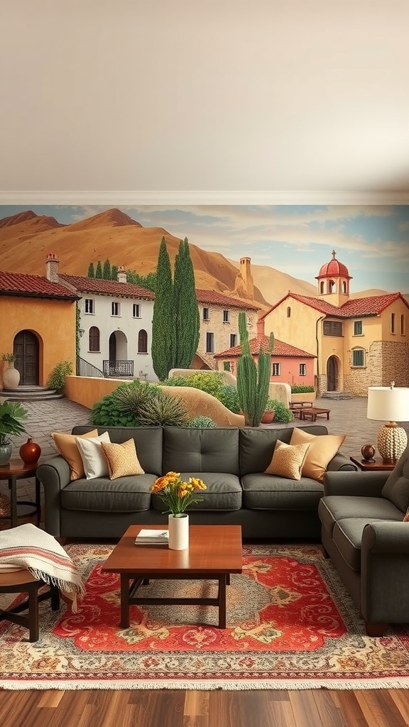 A Spanish-style living room featuring a mural of colorful villas and hills.