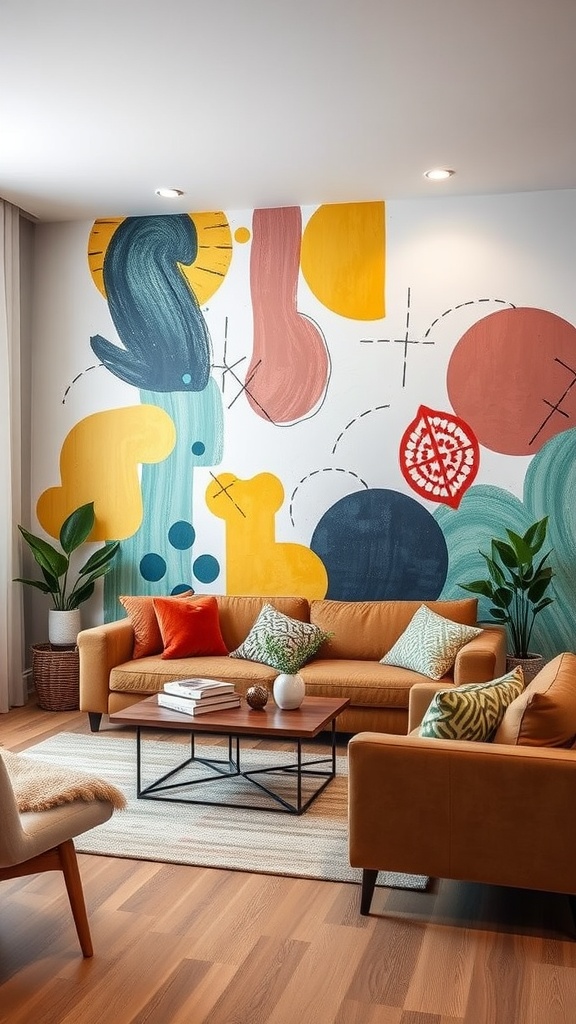 A living room with a colorful mural featuring abstract shapes and a cozy seating arrangement.