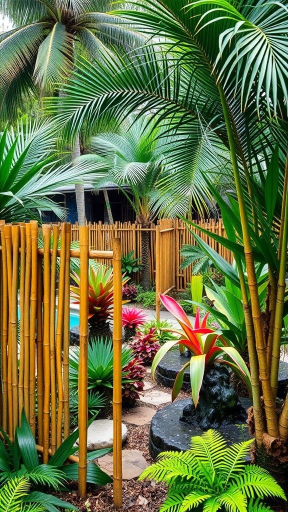 A tropical garden featuring bamboo fencing surrounded by lush plants and colorful flowers.