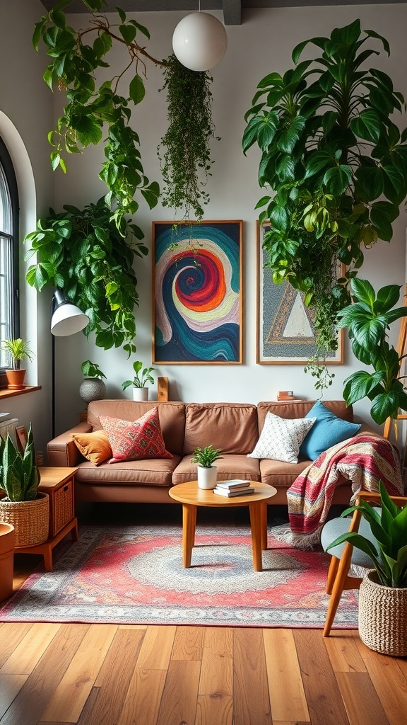 A cozy living room with a brown sofa, colorful cushions, and various potted plants hanging and placed around.