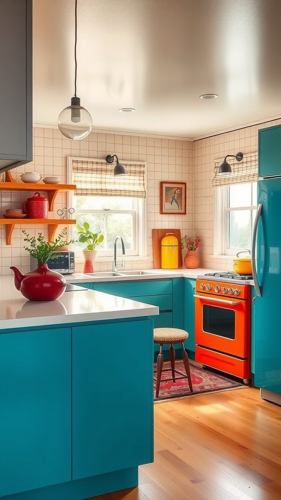 A bright mid-century modern kitchen featuring turquoise cabinets and an orange stove.
