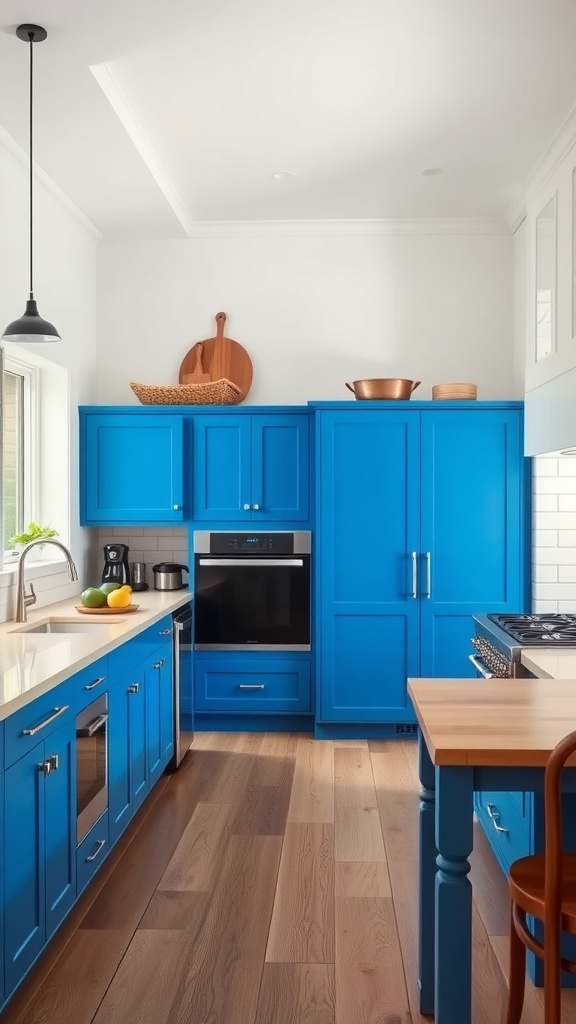 Modern farmhouse kitchen featuring vibrant blue cabinets against a neutral backdrop.