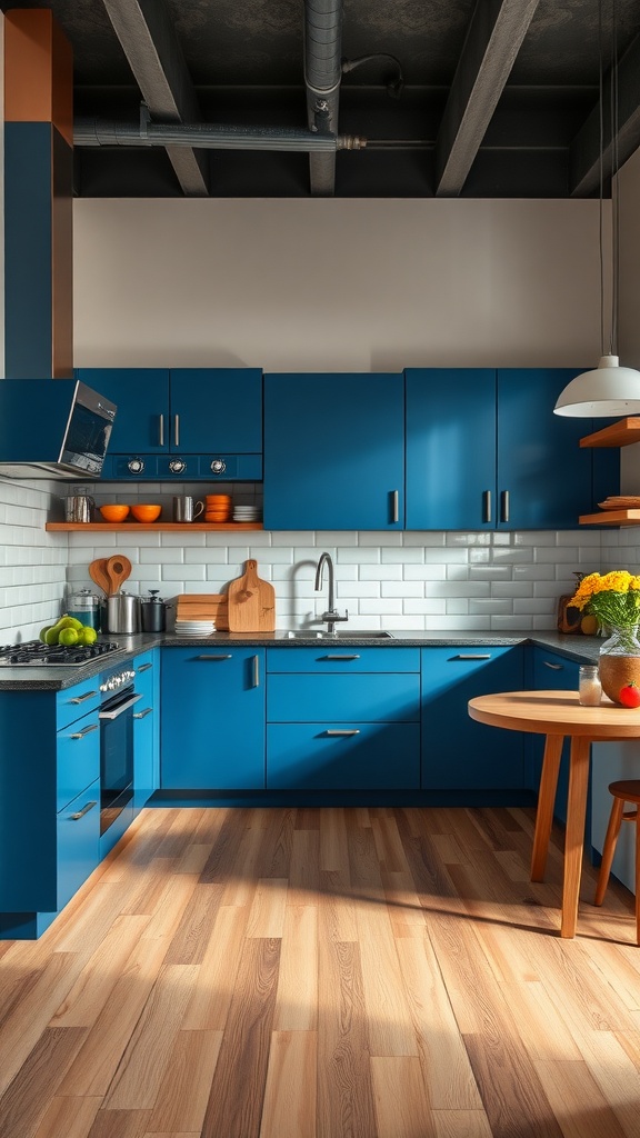 Contemporary kitchen with blue cabinetry, light wood floor, and orange dish accents.