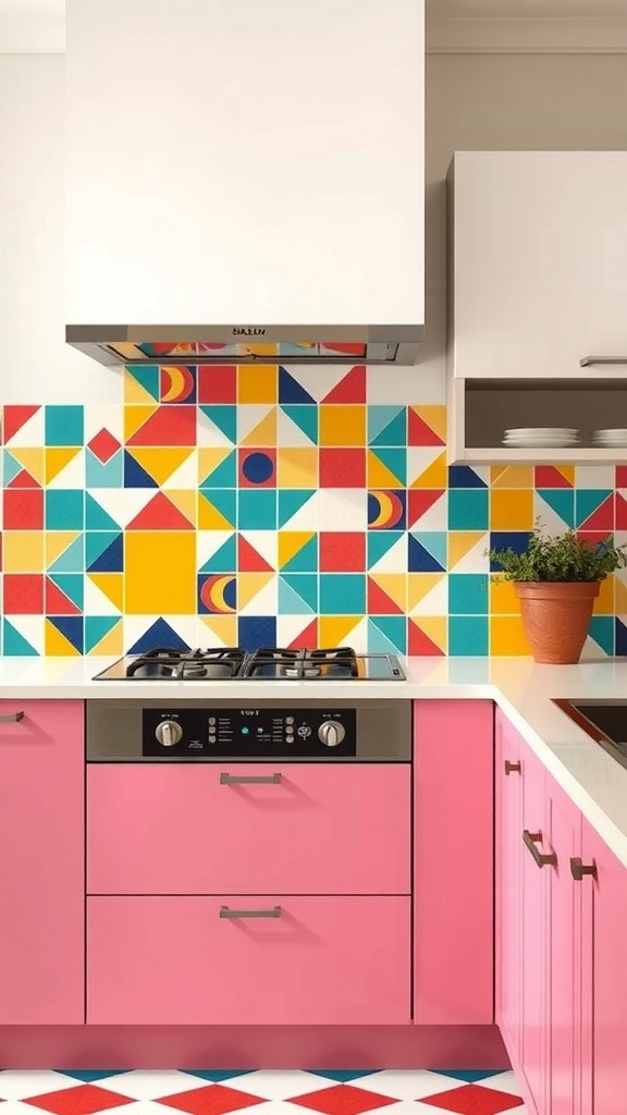 A colorful kitchen backsplash featuring bold geometric patterns in various shapes and colors.