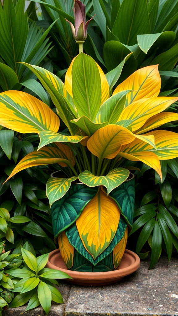 A flower pot featuring bold tropical leaves in vibrant yellow and green colors.