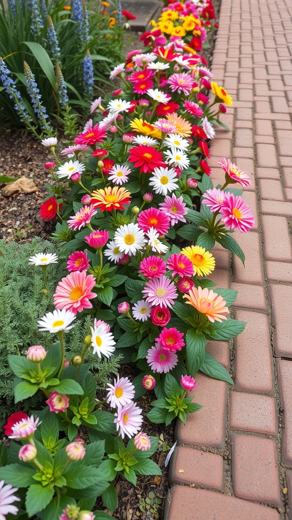 Colorful flower bed with a brick pathway border