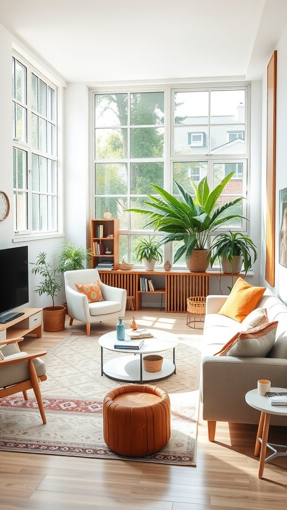 Bright and airy college living room with plants and colorful decor.
