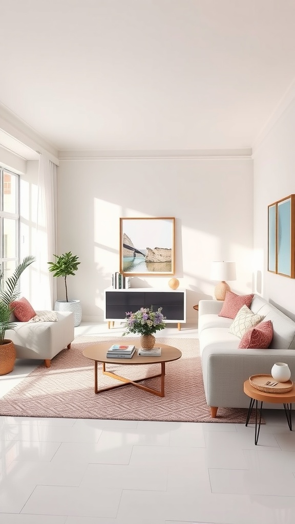 A bright and airy Spanish-style living room featuring light-colored furniture, soft pastel accents, and large windows for natural light.