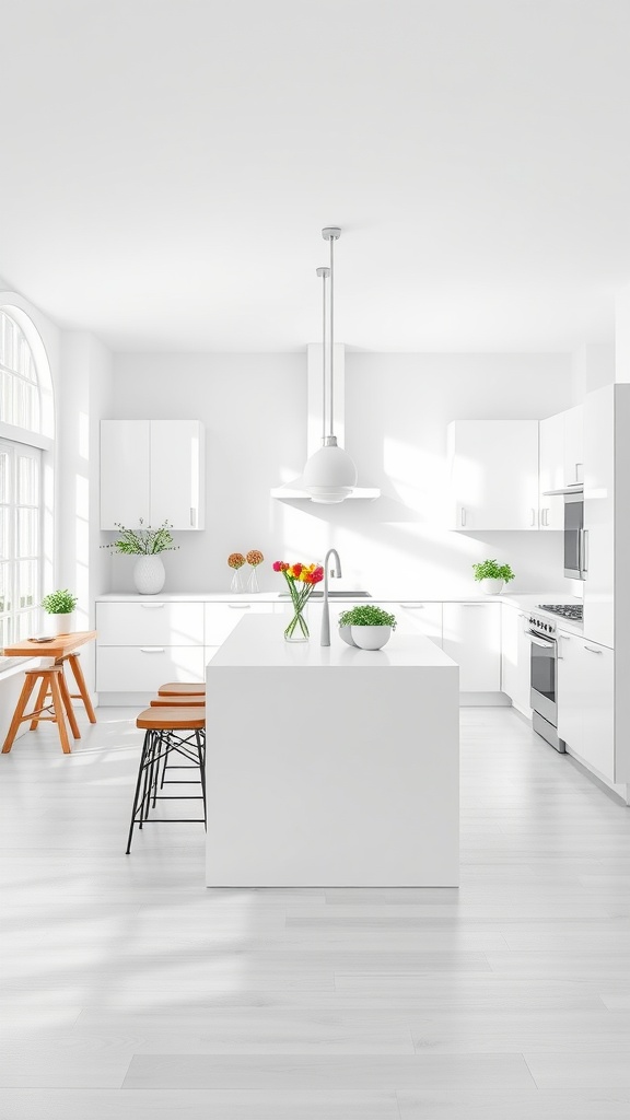 An all-white kitchen with an open concept design featuring a large island, wooden stools, and vibrant plants
