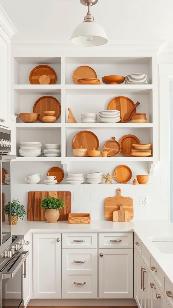 Bright kitchen featuring open shelves filled with white and wooden dishware.