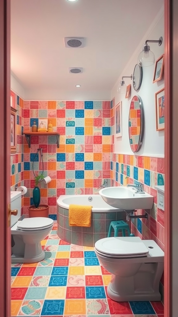 A family bathroom with colorful tiled walls and bright accents.