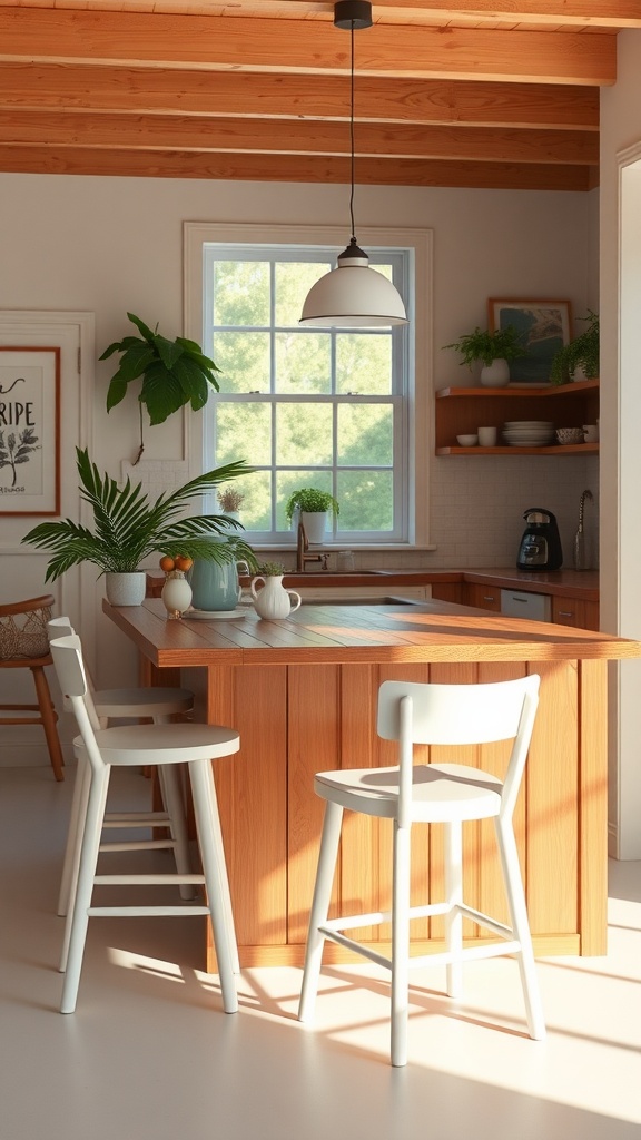 Bright kitchen with a wooden breakfast bar and white chairs.