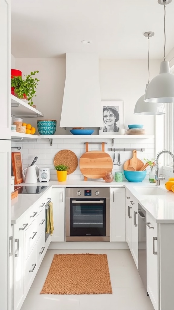 Bright white kitchen with colorful accents, blue bowls and plants on shelves, orange rug on the floor.