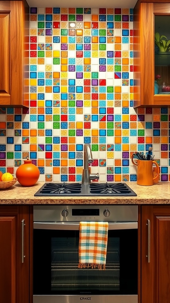 A colorful tiled backsplash in a kitchen with wooden cabinets and stainless steel appliances.