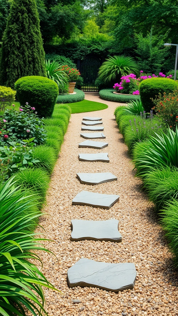 A well-designed garden pathway with stone slabs and green plants