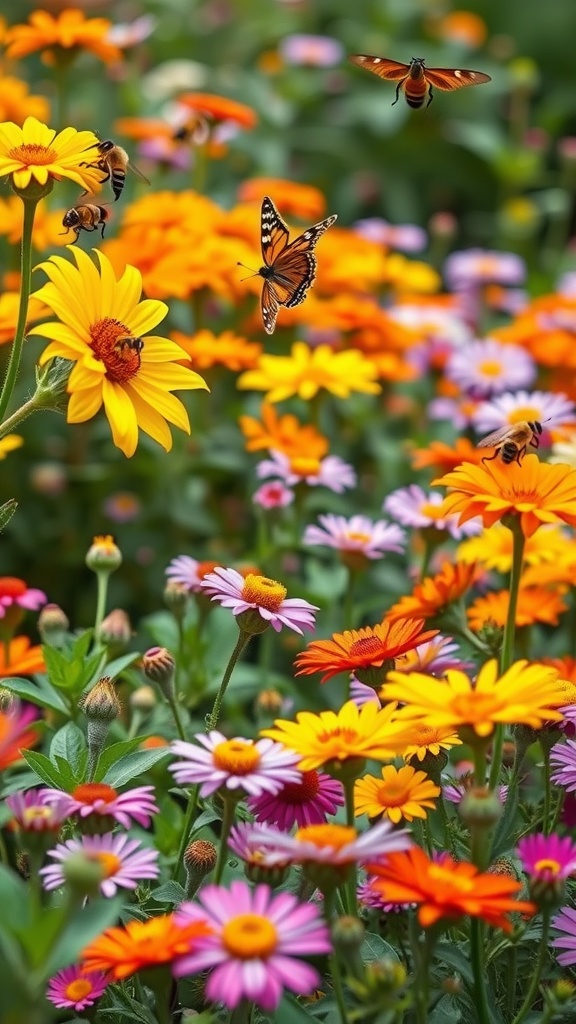 A vibrant flower bed with butterflies and bees, showcasing a variety of colorful flowers.
