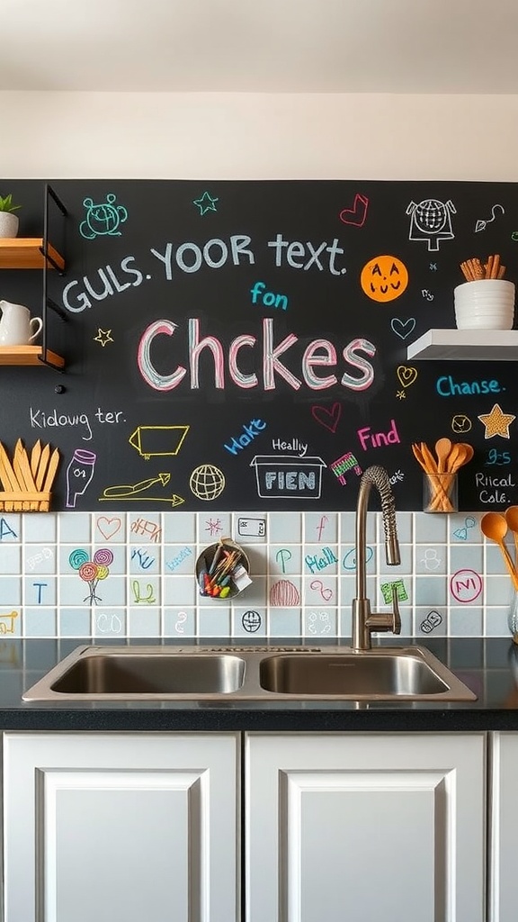 Kitchen backsplash painted with chalkboard paint, featuring colorful doodles and notes.