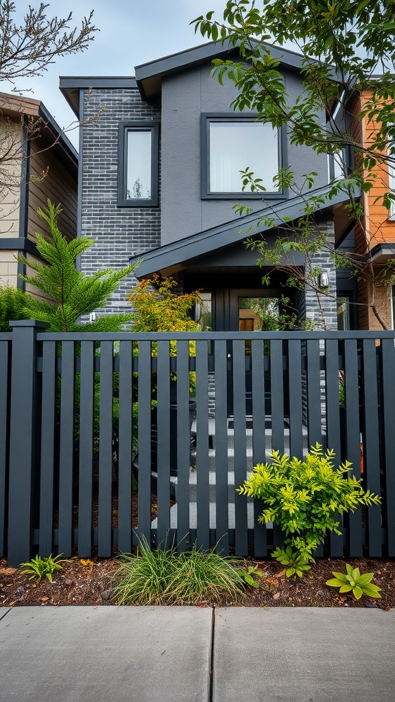 A modern house with a charcoal gray fence and lush greenery.