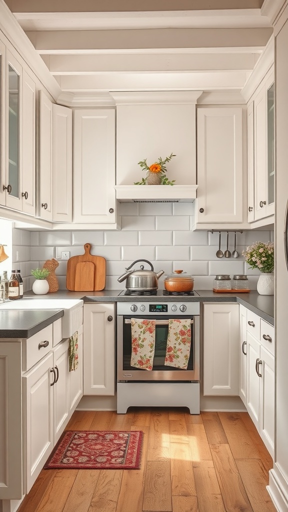 A cozy kitchen with white cabinets, wooden accents, and floral decorations, showcasing a charming cottage style.