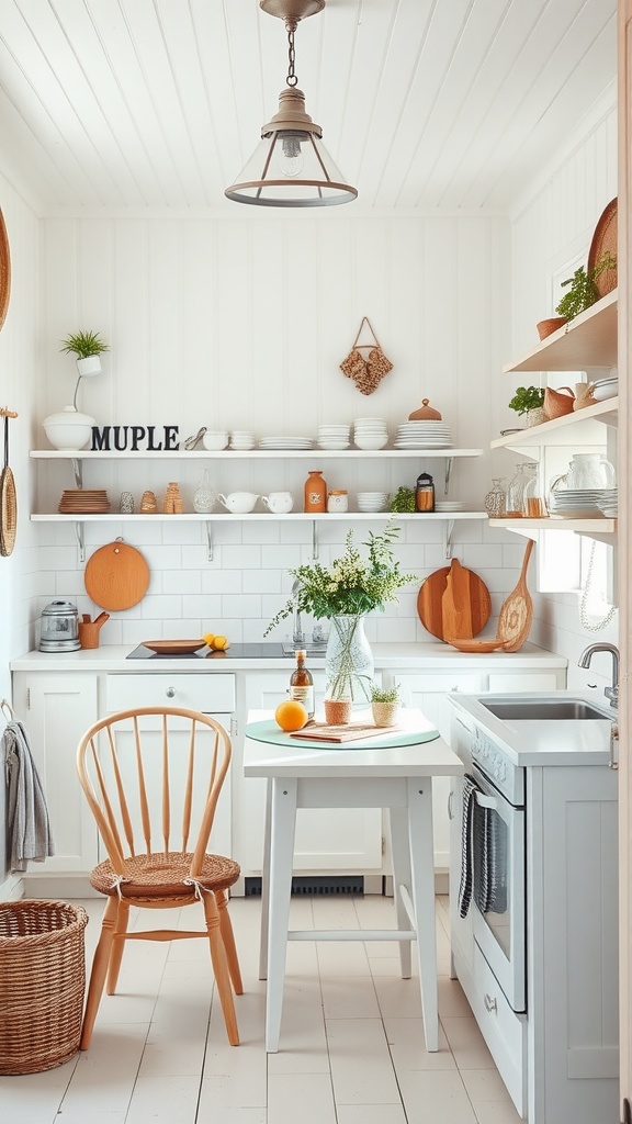 Charming white cottage kitchen with wooden shelves, a round table, and cozy decor.