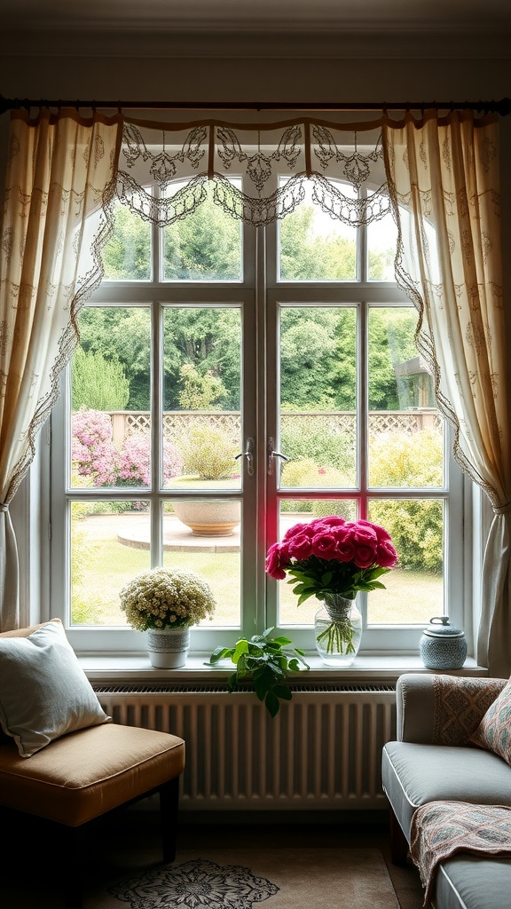 Charming cottage window with flowers and soft curtains.