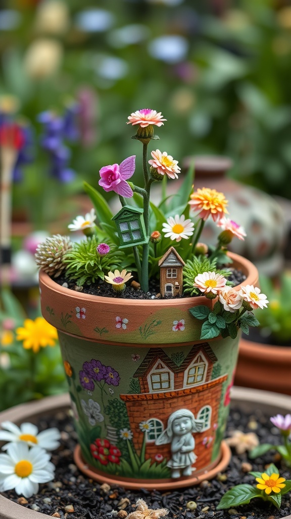 A painted flower pot featuring flowers and a small house design, set in a lush garden.