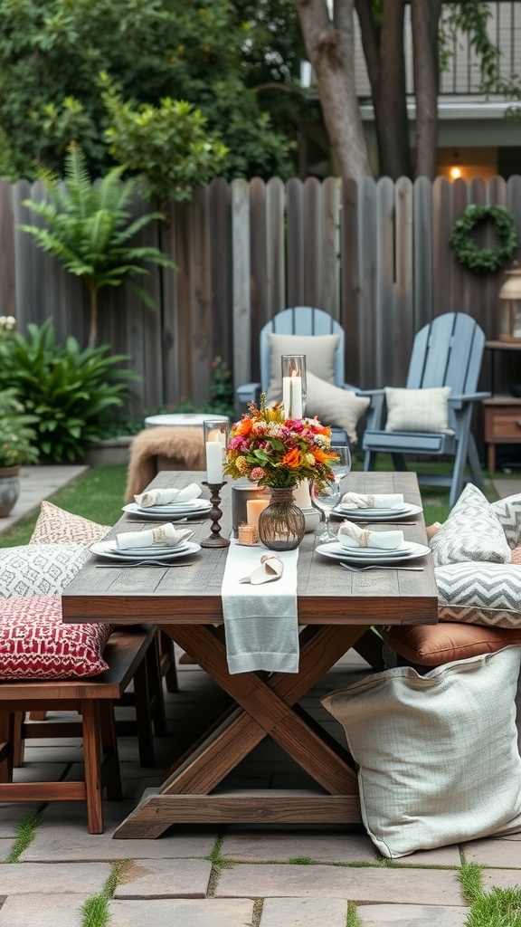 A cozy outdoor dining setup featuring a wooden table with plates, a floral centerpiece, and comfortable seating.