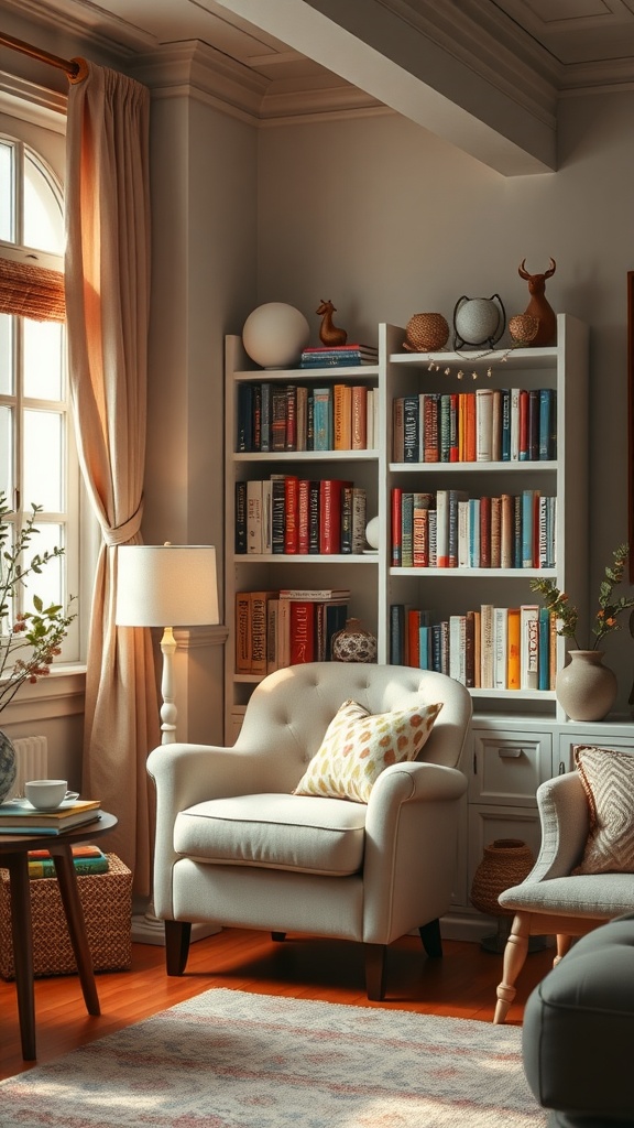 A charming reading nook featuring a cozy chair, a side table with a book, and a well-organized bookshelf.