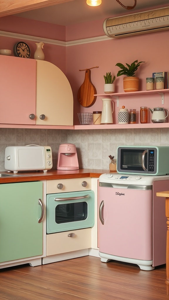 A charming kitchen with vintage-style appliances in pastel colors, including a pink fridge, mint green oven, and various small appliances.