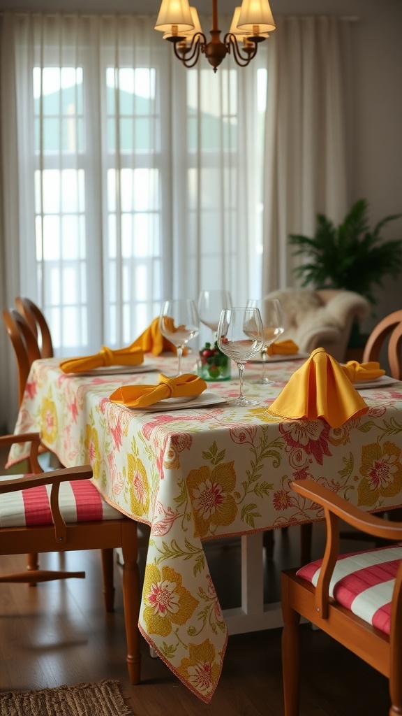 A dining table set with a floral tablecloth and yellow napkins, creating a cheerful atmosphere.