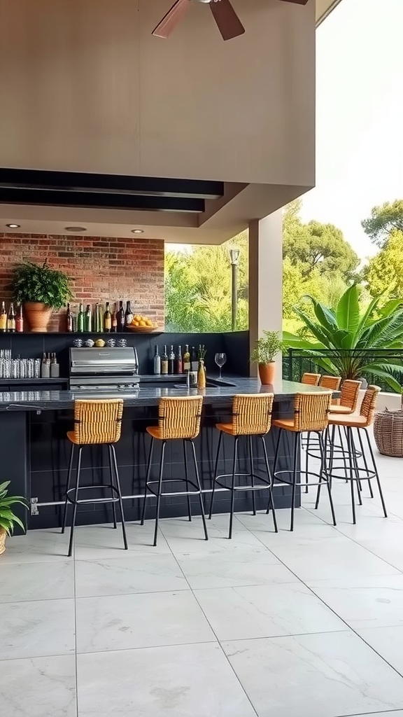 Chic outdoor bar setup featuring a sleek black bar, modern stools, and lush greenery.