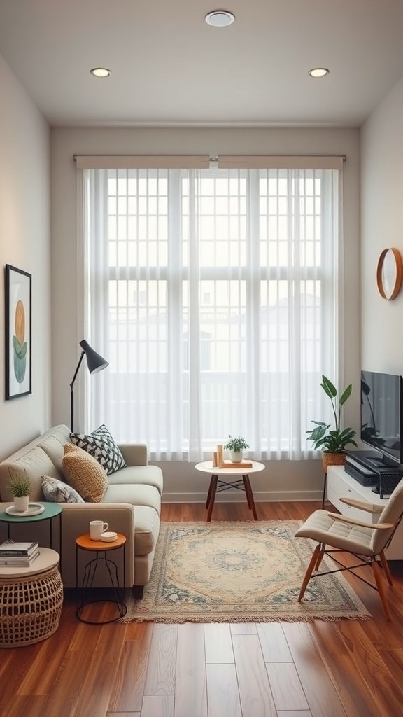Cozy small living room with a couch, coffee table, and plants