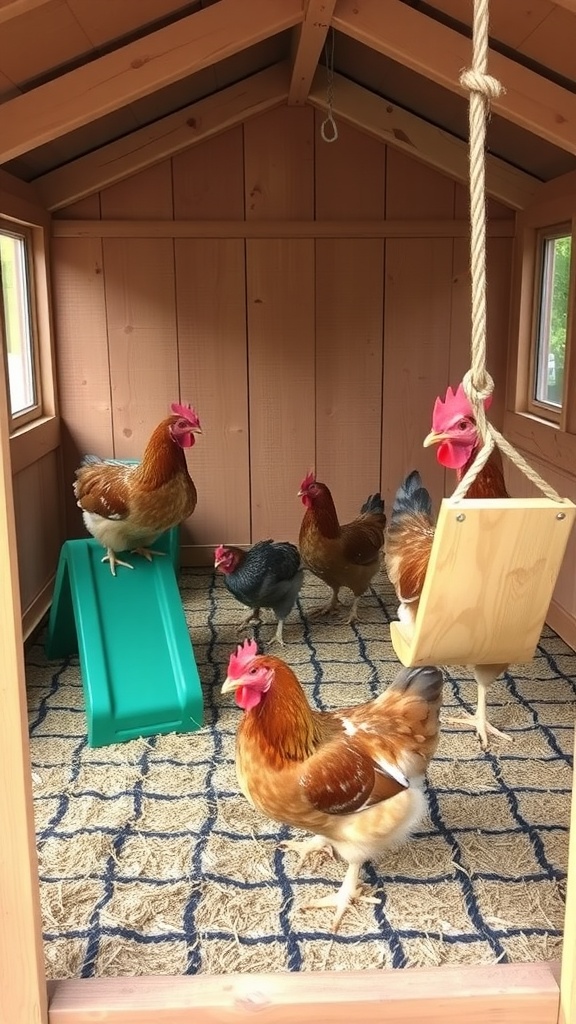 A spacious chicken coop with various perches and playground equipment for chickens.