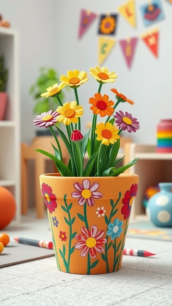 Colorful flower pot with crayon-like art featuring flowers and leaves.