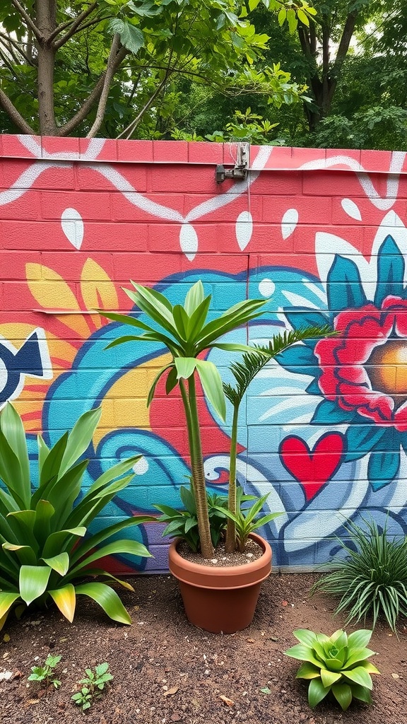 Colorful mural on a cinder block wall with plants in front.