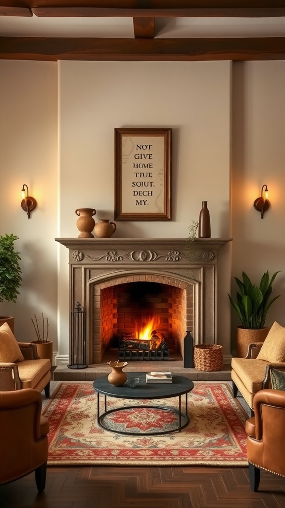 A cozy Spanish style living room featuring a classic fireplace, leather seating, and warm lighting.
