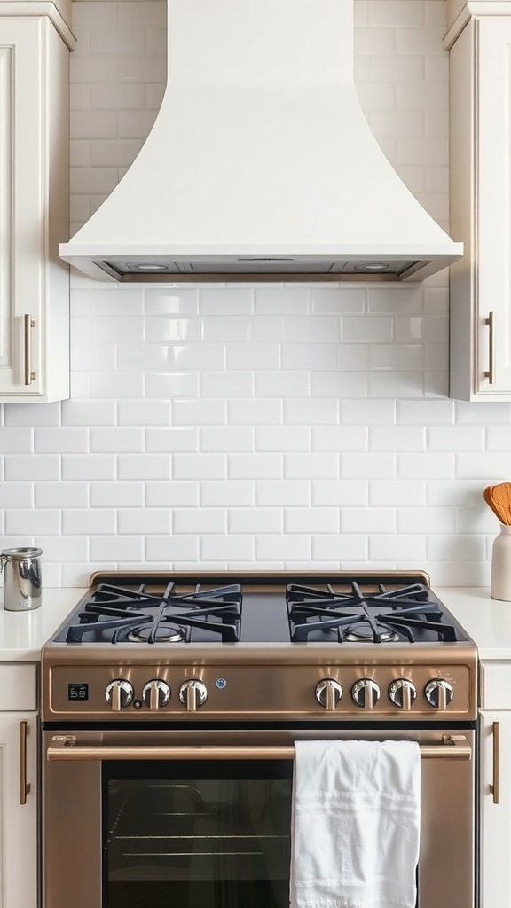 A classic kitchen backsplash featuring white subway tiles, complementing a modern stove and hood.