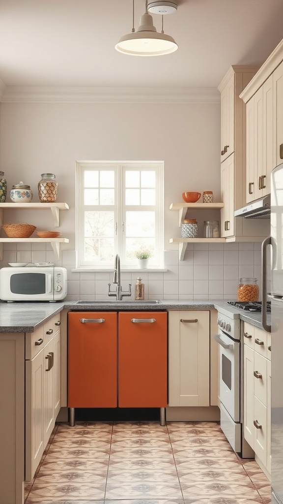 A cozy vintage-style kitchen with warm white cabinetry and orange cabinets.