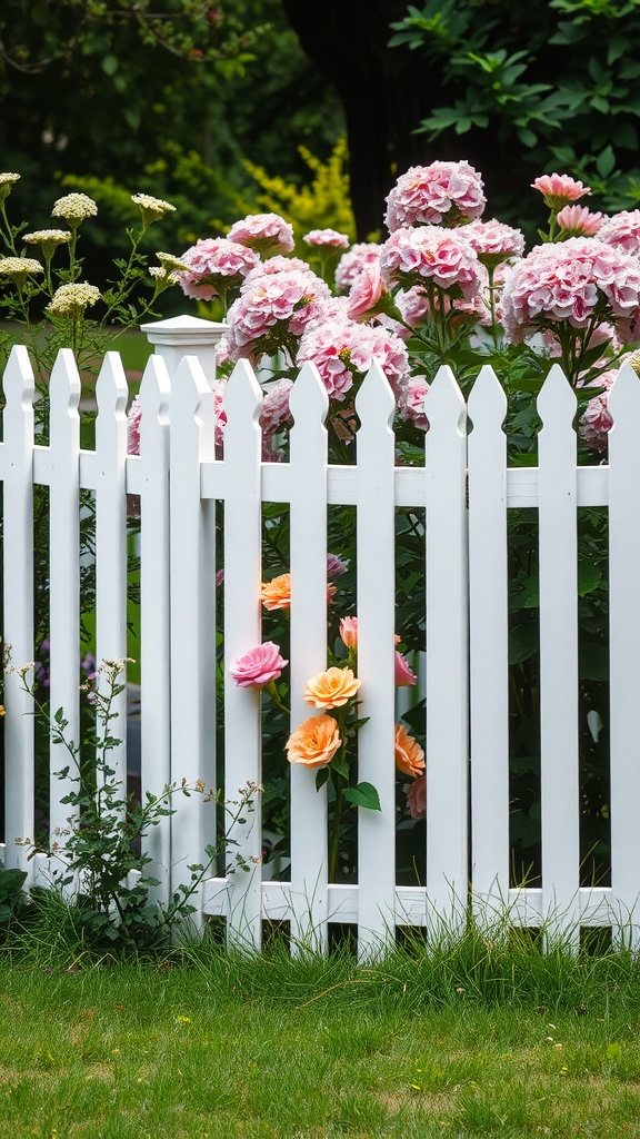 A white picket fence surrounded by vibrant blooming flowers, highlighting a classic and elegant garden setting.