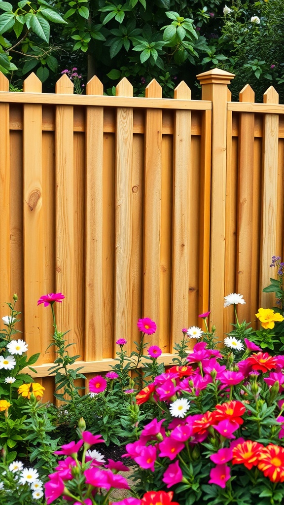 A classic wooden panel fence surrounded by colorful flowers in a garden